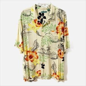 Cubavera Short Sleeve Button Front Pointed Collar Hawaiian Shirt Hibiscus🌺 Palm🌴